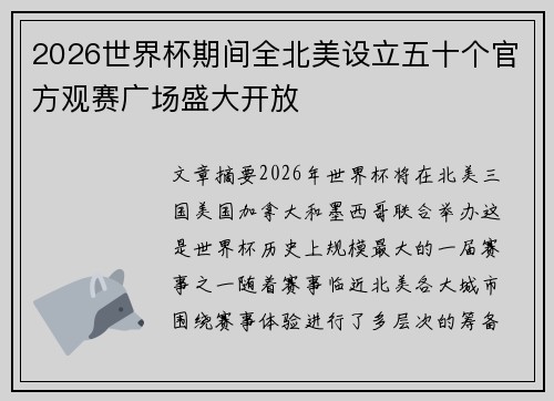 2026世界杯期间全北美设立五十个官方观赛广场盛大开放